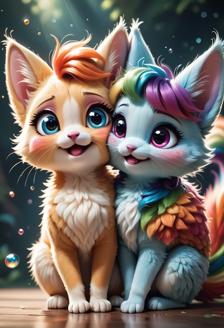 score_9, score_8_up, score_7_up, score_6_up, score_5_up, score_4_up, extremely detailed, 2girls, ((kawaii, rawrr, uwu, girls)), (rainbow fur, long straight hair), (detailed face), (blush), (((fooling around, Motion_lines))), reflection, (fantasy enchanted rainforest background, particles, lots of details), sharp focus,