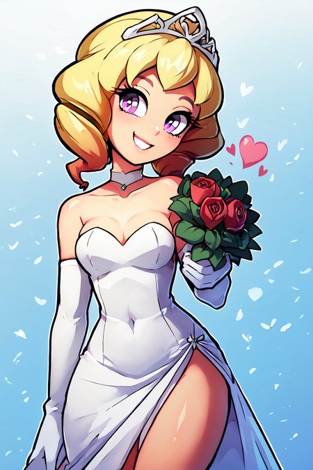 score_9, score_8_up, score_8, medium breasts, (curvy), cute, eyelashes,       BREAK, , zzDomino, purple eyes, blonde hair, drill hair,  <lora:Domino_Pokemon_PDXL:1.0>,  , BREAK, smile, looking at viewer,  bride, wedding dress, bridal veil, strapless dress, elbow gloves,  holding bouquet,  hearts, white outline, cowboy shot, embedding:zPDXL, Expressiveh, <lora:theOtherHalfPDXL:0.8>,  <lora:CatalystStylePDXL:0.6>,  <lora:SDXLFaeTastic2400:0.5>,  <lora:Expressive_H-000001:0.4>,