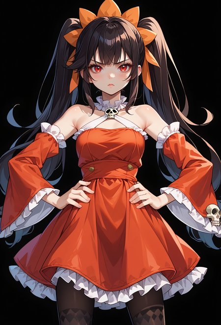 score_9, score_7_up, source_anime, BREAK  <lora:ashley_warioware:0.7> black hair, twintails, long hair, red eyes, orange hairband, bangs, skull, pantyhose, red dress, pout, standing, leaning, hands on own hips, legs apart, solo,, <lora:mxmarina:0.8>  Hair ribbon, frilled choker, criss-cross halter, sleeveless dress, high-waist skirt, backless dress, dress, waist bow, detached sleeves, frilled sleeves, wide sleeves, sleeves, black pantyhose, patterned legwear, pinstripe pantyhose, mary janes,