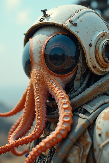 close up, The very Baggy scene is inspired by Terracotta and Beige featuring a Aircraft carrier, wearing octopus in mecha helmet in blue and white, hyper detail, horror, holy, fine polished, highly enhanced, excellent composition, magnificent, glowing, very inspirational