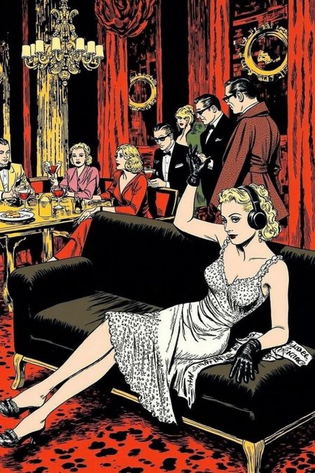 alexray1 drawing
A luxurious, dimly lit lounge set in 1970s Italy, exuding vintage charm and opulence. A stylish young woman in a lace dress, wearing oversized headphones, lounges on a plush velvet couch with an air of cool detachment. She dons sleek black gloves, embodying the effortless glamour of the era. In the background, a group of fashionable, well-dressed people in tailored suits and cocktail dresses sit around a table, enjoying drinks and conversation, all wearing sunglasses. The room is adorned with ornate gold decor, rich velvet textures, and the warm glow of dim lighting, evoking the chic sophistication of Italy's high society in the 1970s.
  <lora:alexray1_nocap_d6a3:1.0><lora:815515333747213366:0>