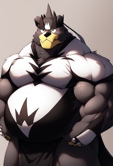 high quality, masterpiece,digital media \(artwork\), detailed fur, detailed muscles, musclegut, big belly, round belly, soft belly, detailed face, detailed eyes, reshadexl, beer belly, protruding belly, bloated belly, belly inflation
BREAK
 <lora:urshifuxl-09:1>, urshifu