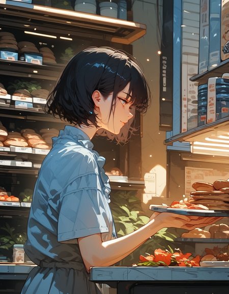 score_9, score_8_up, score_7_up, score_6_up, score_5_up, score_4_up, source_anime, 1girl, solo, 18yo, (slim face:1.5), (bangs:1.2), skinny, thin body, wide hips, thin thighs, cowboy shot, 
<lora:age_slider_v4:2> <lora:Expressive_H:1><lora:Kenva:0.8> <lora:naipf:0.6> 
 black hair, accessory, dress, solo, tray, short hair, light smile, indoors, light blue shirt, short sleeves, profile, accessory shop,