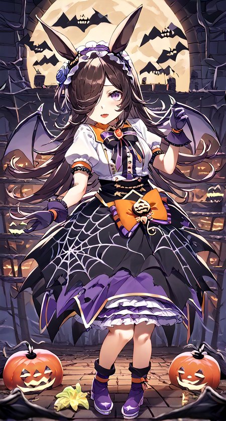 score_9,score_8_up,score_7_up,
official art,official style,game cg,megami magazine,
1girl,
rcs race,rice shower (umamusume),
rcs muv,rice shower (make up vampire!) (umamusume),rice shower (umamusume),
animal ears,bangs,bat wings,black bow,black bowtie,black skirt,
blue flower,blue rose,blush,boots,bow,bowtie,brooch,brown hair,
center frills,collared shirt,dress,eyebrows visible through hair,
flower,frilled hairband,frills,gloves,hair flower,hair ornament,hair over one eye,
hairband,halloween,high-waist skirt,horse ears,horse girl,horse tail,
jewelry,layered skirt,long hair,official alternate costume,orange bow,
puffy short sleeves,puffy sleeves,purple bow,purple eyes,purple footwear,purple gloves,
purple hairband,purple skirt,rose,shirt,short sleeves,skirt,spider web print,tail,violet eyes,white shirt,
standing, full body, 
<lora:umamusume_rice_shower_pony_v1:1>,