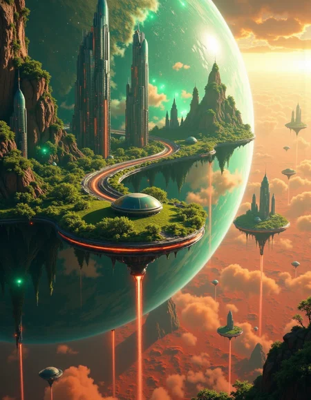Suspended in the vast expanse of space, a mesmerizing chain of islands drifts serenely in orbit around the red planet, Mars. Each island hovers at a different altitude, their surfaces adorned with lush, emerald foliage that flourishes beneath the glimmering force fields enveloping them like protective shields. The shimmering barriers ripple like liquid light, refracting the harsh glow of distant stars and painting the sky with an ethereal iridescence.
Expansive land bridges connect these celestial wonders, their structures crafted from advanced alloys that gleam under the golden radiance of a nearby sun. Towering skyscrapers, sleek and futuristic, rise like monolithic sentinels from the dense greenery, their crystalline facades pulsing with streams of neon energy. Some seem to touch the heavens, their uppermost floors disappearing into the wisps of cosmic mist that swirl around them.
Above and below, sleek shuttles weave through the intricate pathways of this orbital oasis, descending gracefully toward the Martian surface in choreographed arcs of propulsion and light. Each craft leaves behind a faint, luminescent trail as it navigates through the shimmering force fields, vanishing into the crimson haze that blankets the planet below. The scene is a breathtaking fusion of sci-fi wonder and mystical grandeur, rendered in stunning 8K detail with the magic of Unreal Engine, Octane Render, and the unparalleled realism of ray tracing. It is a vision of a world where technology and fantasy entwine, suspended in the cosmos like an artistâs dream brought to life. <lora:Flux_Detailer_v3:0.8> Jeddtlv3 <lora:Test:0.8> n1t3_du5t