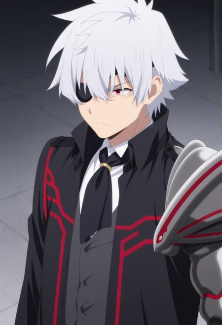 masterpiece,best quality,amazing quality, source_anime, 
NagumoHajime, 1boy, male focus, solo, red eyes, eyepatch, white hair, single mechanical arm, shirt, white shirt, collared shirt, necktie, black necktie, coat, black coat, serious, upper body,