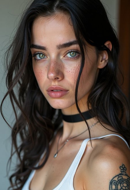 a professional closeup photo portait of a young woman with striking features, she has fair skin with a light dusting of freckles across her nose and cheeks, her large, expressive green eyes are framed by thick, dark eyelashes, and her lips are full and naturally pink, she wears a black choker around her neck and a white tank top that reveals a tattoo on her upper arm, her hair is long, wavy, and black, with a few strands framing her face, the background is blurred, focusing attention on the subject, the lighting is soft and natural, enhancing the texture and depth of her skin and hair, the overall style is highly detailed and lifelike, capturing fine details such as the texture of her hair and the subtle shading that adds depth and realism to the image