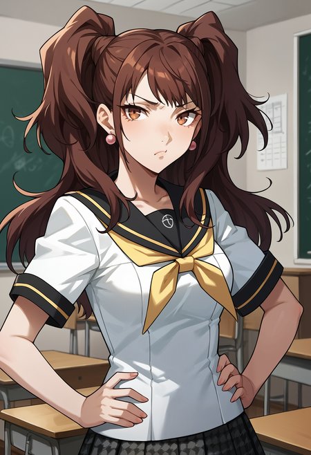 score_9, score_8_up, score_7_up, score_6_up, score_5_up, score_4_up, source_anime
1 girl, solo, 
p4rise, kujikawa rise, twintails, long hair, brown hair, earrings
p4rise-sumuni, yasogami school uniform, serafuku, short sleeves, white shirt, skirt, pleated skirt, houndstooth,
classroom, standing, looking at viewer, hands on hips, pout, (puffy cheeks, cheek bulge:0.85),
masterwork, masterpiece, best quality, hyper-detailed