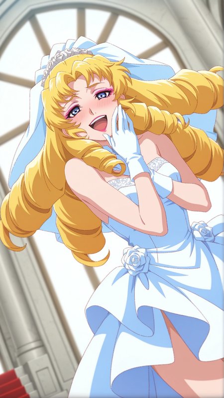 source_anime, general, best quality, masterpiece, 1girl,  <lora:Nellie_Oleson_ill:1> nellie oleson\(ggen\),blonde hair,drill hair, long hair, blue eyes,ringlets, makeup, cowboy shot, dynamic pose, dutch angle, wedding dress,chapel, laughing, (embarrassed:0.8),