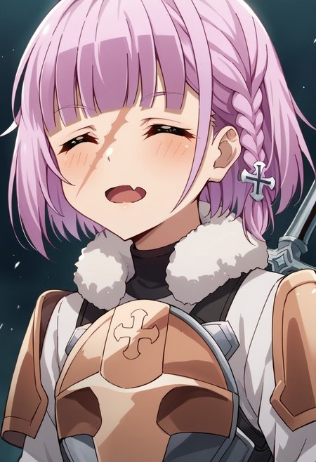 score_9, score_8, score_7, source_anime, rcleonica, braid, scar, cross hair ornament, armor, upper body, skin fang, shirt, white shirt, fur trim, open mouth, closed eyes, weapon