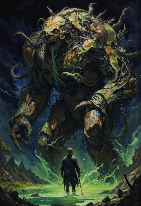 Screen grab from a 1940s dark fantasy movie, wizard of oz style color, occult, Emerging slowly from the thick, bubbling waters of the glue swamp, the Dross Golem towers over the marshland, its body a grotesque fusion of rusted machine parts and decaying papier-mâché, glowing green sludge seeping from the cracks in its hulking form as it lumbers forward with a menacing groan