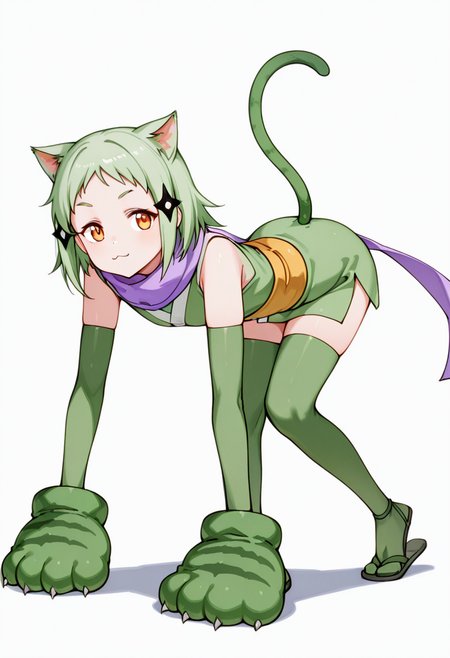 masterpiece,high quality details, absurdres, 
one knee raised to chest, arms wrapped around leg, opposite foot pointed  ,
 <lora:Mao_Kusagakure:0.8>
mao_cnr, 1girl, green hair, short hair,orange eyes, cat ears,cat tail,hair ornament,
ninja, japanese clothes, kimono, sleeveless kimono,purple scarf,elbow gloves,green thighhighs, sandals,paw gloves,cat paws,, :3,, simple background, white background, from behind,solo,