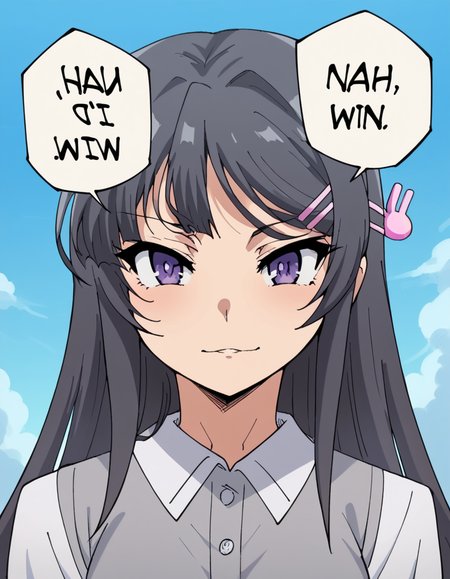 score_9, score_8_up, score_7_up, source_anime, maisakurajima, <lora:mai-sakurajima-s1-ponyxl-lora-nochekaiser:1> mai sakurajima, long hair, bangs, black hair, hair ornament, purple eyes, hairclip, rabbit hair ornament, medium breasts,, <lora:nah-id-win-ponyxl-lora-nochekaiser:1> nah id win, nah i'd win (meme), english text, speech bubble, meme, talking, straight-on, portrait, , ,