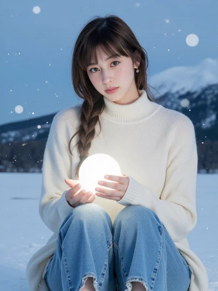 There are wonderful studio lights and various reflections,
18yo beautiful cute girl with blushing and female orgasm.skin naturally showing the texture of blood vessels and detailed pale skin,
--,
<lora:Nakajo_Ayami_f1:1>,she is Nakajo Ayami,
(Cashmere_turtleneck:1.4),(Cropped_flare_jeans:1.3),(White_sneakers:1.2), A magical winter forest with sparkling snowflakes  falling from the sky. A frozen lake beneath a lonely mountain with a snow summit. A gorgeous female (most beautiful girl in the world) with brown hair falling down her shoulders in a braid, she is sitting on her knees holding a magical glowing frost orb elevating slightly above her hands.she with a slit revealing her legs. she has big beautiful eyes with a light blue eye color and a light smile on her face. Her skin is an ethereal pale, almost translucent with a bluish hue, as if it has never felt warmth. The cold, frosty light casts soft shadows on her sharp, angular features, accentuating her high cheekbones and delicate jawline.Her makeup is subtle yet striking, with a frosty silver-blue eyeshadow that blends into her pale skin, drawing attention to her piercing ice-blue eyes. These eyes are sharp and full of wisdom, glowing softly with a mysterious, magical light. Long, thick eyelashes are dusted with a faint shimmer of frost, and her lips are a cool shade of frostbite blue, giving her an otherworldly, cold beauty.fantasy art style, perfect lighting, beautiful colors, 3D portrait, (8k resolution), artwork.,,#GXTå°éªæ°´æ¶ç