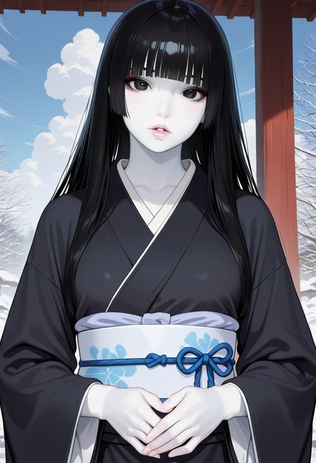 1girl, sky, black hair, long hair, hime cut, masterpiece, black eyes, colored skin, (white skin:1.3), Yuki-Onna, parted lips, looking at viewer, black kimono, wide sleeves, obi, japanese clothes, outdoors, hands held together on stomach, cloud, volumetric lighting, blue sky, portrait, upper body,