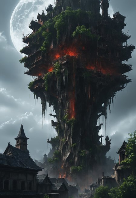 a shattered tower rising against the sky,  the steep walls of moldering stones into the distant valley that extended all the way to the horizon. A full moon was rising. the chasm that opened below, at the bottom of the tower. There in the swirling red mists some horrendous shapes writhed and palpitated.  
 (8k uhd:1,4)
 <lora:add-detail-xl:1>
 <lora:Dynamic Poses:1>