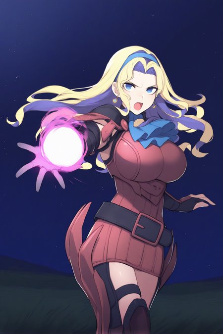 masterpiece, best quality, 1girl, solo,   <lora:feconstance-illu-nvwls-v1-000005:1> warCon, multicolored hair, blonde hair, blue hair, long hair, blue eyes, blue hairband, earrings, blue ascot, red dress, short dress, armored dress, belt, gauntlets, big breasts, throwing fireball, field, night sky, serious, outstretched hand, casting magic, open mouth, wide shot, dynamic pose