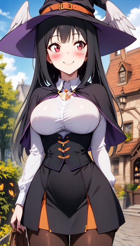 elris, 1girl, solo, ((long hair)), breasts, blush, smile, bangs, black hair, red eyes,outdoors, jewelry, large breasts,  breasts,closed mouth, mole under eye, head wings,,cowboy shot,witch,witch hat,witch_outfit,capelet,skirt,pantyhose, <lora:elris_prodigy_v2_loopback_epochs:1>