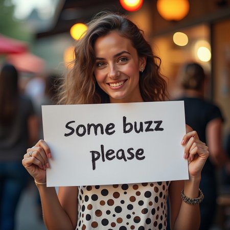 cute woman holding a sign "some buzz please"