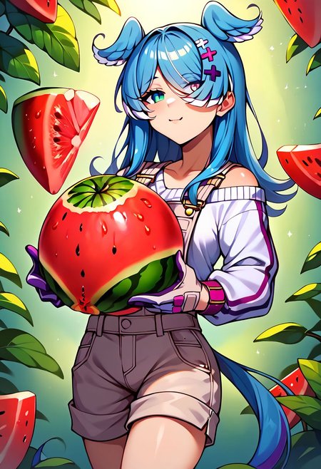 score_9, score_8_up, score_7_up, uncensored, source_anime, 1girl, <lora:speliraPendoraXLPony:1> elira1st, long sleeves, overalls, white sweater, off shoulder, single glove, one eye covered, overall shorts, melon, doily, food, fruit, melon