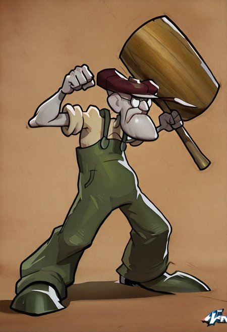 1 man,solo,Eustace,Bagge,Green overalls, yellow shirt, hat, glasses, grumpy expression,mallet,MarvelRivals,semi realistic, cartoon,Dynamic pose,acting pose,