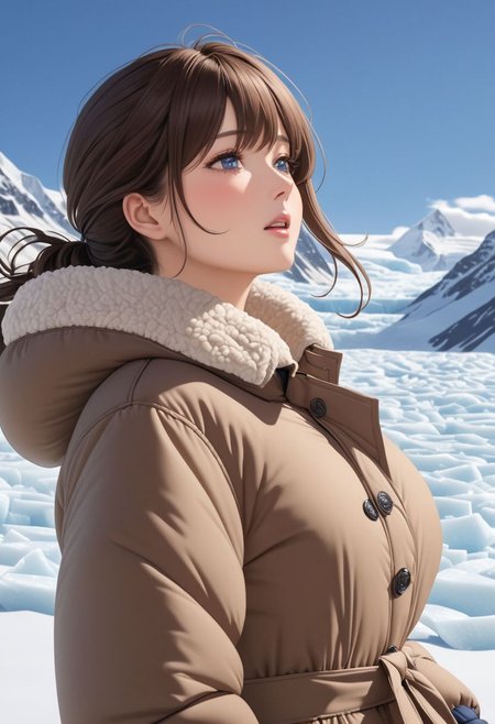 ((((masterpiece)))), ((((best quality)))), ((intricate details)), (photorealistic)))), RAW, 8K UHD, (1girl), (office lady), a realistic representation of the face, detailed face, beautiful face, charming, bonny, (erotic face), (long messy brown hair), (blue eyes), ((((Oversized sherpa padded down coat)))), ((walking on icefield)), (cold), dynamic pose, (((blush))), (heavy breathing), ((feels orgasm)), wind, (Thick padded collar:1.4), (TSH:1.4), (Thick padded cuffs:1.4)