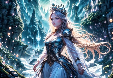 (medium shot , straight on) of enchanted princess climbing a mystical mountain, detailed face, located in a magical scene at a mystical river during starlit night with breezy weather, illuminated by sparkling orbs, creating a majestic mystical atmosphere, ,Masterpiece,best quality, photo, realistic, very aesthetic
