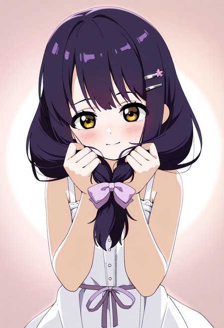 lazypos, character focused, anime girl, purple hair, yellow eyes, soft blush, playful pose, tied ribbon, white dress, lavender bow, hair clip, cute expression, simple background, pastel colors, light shading, clean lines, youthful charm, holding hair, gentle lighting, kawaii style, modern anime, bbaltongstyle