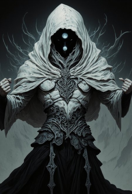 Faceless Entity in Focus, Extreme Closeup Portrait, Sword Slash Fight stance assassinkahb, a Hooded Being with no face, the hood pulled deep into the void where a face should be, emanating an aura of dystopia and omnipotence, with long billowing hair, shaded eyes, billowing translucent DARK greyscale and white cape, Like a marionette with strings extending from its limbs into the vast universe above, Headshot, Fight stance, enigmatic soul knight wielding a katana, New space age discotheque, Standing in a dynamic Action Shot with fists Up, in front of a Spaceship window framing a vibrant lunar Eclipse, atmospheric haze, Film grain, cinematic film still, highly detailed, high budget, cinemascope, moody, epic, rich Overall Detail, hauntingly gorgeous, 2000s vintage RAW photo style, photorealistic, candid camera, color graded cinematic, subtle reflections on the hood, atmospheric lighting, natural imperfections, shallow depth of field.