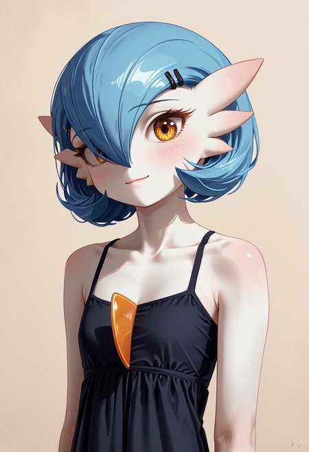 (((Gardevoir))), Female, anthro, ((pale white skin)), Stable_Yogis_PDXL_Positives, zPDXL3, Expressiveh, score_9, score_8_up, score_7_up, masterpiece, source anime, Anime Style, Raw Photo, midjourneyv6.1,
dutch angle, dynamic light, 
1girl, solo, ((short hair)), flatchest, looking at viewer, blush, smile, (golden eyes), flat chest, blue hair, (casual black dress), detailed dress, hair between eyes, closed mouth,  covered shoulders, flat chest, collarbone, upper body,  hair clips, casual dress,  eyelashes, ((plain background)), (((croma key background))), (lineless:1.5), FastNegativeV2