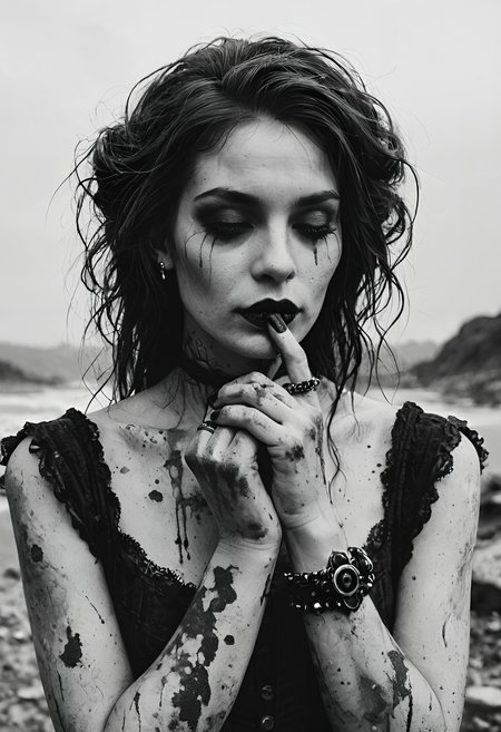 score_9, score_8_up, score_7_up, source_photo, gothic, monochromatic, monochrome, muted_color, digital photography, flat colors, vintage dirt, artifacts, heavy film grain, 1girl, mature_female, dark atmosphere, eerie, Angled wrist close-up, rating_explicit, <lora:pony\test\Gothic_Grain_Pony:1.0000000000000002>
