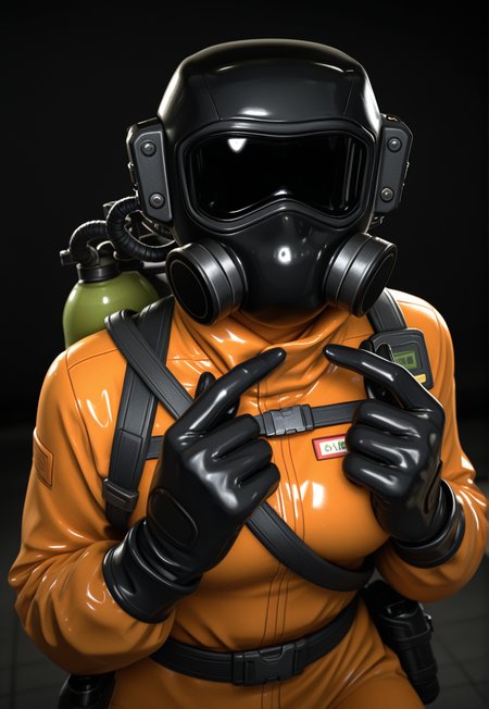 1girl, employeelethal, orange bodysuit, black gasmask, dark background, backlight,  absolutely eye-catching, bokhe, blurry background, touching fingertips, blush stickers, shy, dynamic angle,rtx, ray tracing, sexy,pinup:1.2,depth of field, cinematic, (masterpiece, best quality), safe, amazing quality, very aesthetic, absurdres, highres, newest, RAW, <lora:NOOB_vp1_detailer_by_volnovik_v1:0.7>,  <lora:Employeev2:0.7>
