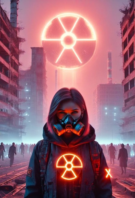 4D render, Chernobyl disaster, nuclear ,  Apocalypse,girl, detailed face, portrait, glowing x, minimalist outfit, anti social , ,cyberpunkartstyle,ruined ancient city,Professional styling, intricate details,8k post production, faithful, Religious denomination,