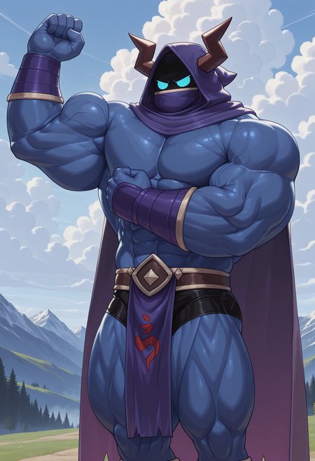 solo, male focus, phy5is, horns, hood, muscular, black underwear, loincloth, cloak, flexing, purple bracers, outside, sunny, clouds,
perfect anatomy, masterpiece, perfect quality, best quality, detailed, newest, very aesthetic
<lora:Illustrious\Physis_ParadisoGuardian_V1_ILXL:1.0>