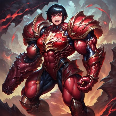(masterpiece, best quality, score_9, score_8_up, score_8:1.1), 
(Organic Armor, Monster:1.3), red armor, chaos warrior, world bearers, power armor, shoulder pads, (power suit (metroid):0.3), muscular female, veins, large muscles, arm cannon,
(detailed background:1.3), 
1girl, red eyes, black hair, short hair, hair intakes, bangs,
smile, open mouth, teeth, fighting stance,