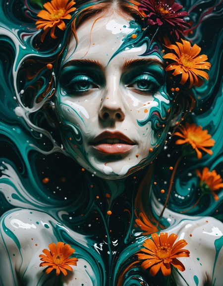 zavy-lqdprtrt, liquid paint, thin Irish (Female:1.1) , the Female is Creepy, flowers, Sharp and in focus, Magic Realism, Joyful, Unsplash, lighthearted, intricate, deep rich colors, modified, intricate artistic color, magnificent, glossy, gorgeous, fine polished