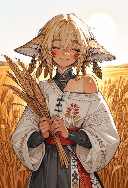 1 girl , wheat ears symbol , one girl , blond hair , freckles ,  body freckles , exposed shoulder , wheat field , setting sun , dramatic lighting , traditional clothing , face marking wheat ear marking , body marking , tan skin , cute smile , holding wheat ear ,
masterpiece, newest, absurdres, incredibly absurdres, 4ki4k4ne_illu , 4ur4_illu,shiny ,r17329_illu ,