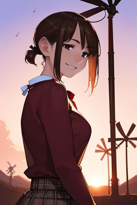 score_9, score_8_up, score_7_up, 1girl, smirk, dark_brown hair, straight-across_fringe, ahoge, dark_brown eyes, breasts, neck ribbon, windmill, backlighting <lora:yomu_(sgt_epper)_PonyXL_style_v01:1>