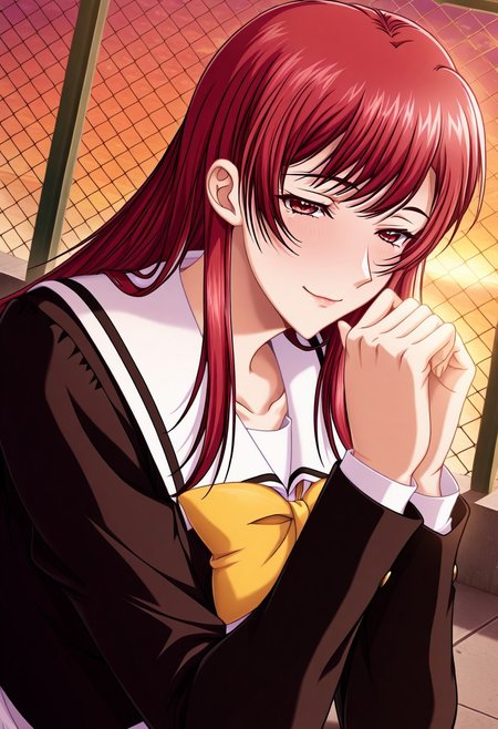 masterpiece, best quality, newest, highres, uncensored, 1girl, yokota mamoru style,1girl,
Aiba Sakura,Long Hair, Red Hair, Red Eyes,Slim
1girl, solo, blue eyes, sunset, school uniform, chain-link fence, long hair, fence, bow, hair intakes, dutch angle, own hands together, hair bow, long sleeves, rooftop,seductive smile ,torogao,looking at the viewer
