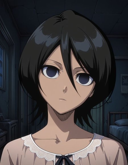 masterpiece, best quality,  <lora:Mind_Controlled_Rukia:1>, 4ukia, short hair, black hair, dark blue eyes, expressionless, empty eyes, (head tilt, nightgown:1.2), face focus, abandoned japanese bedroom,