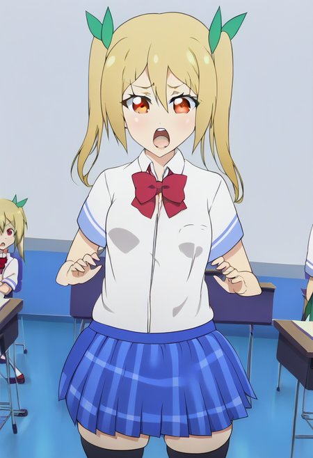 Akane Segawa \(And you thought there is never a girl online?\), blonde hair, thighhighs, open mouth, school uniform, skirt, classroom, bow, twintails, <lora:Akane-Segawa_PonyXL:1>, <lora:cutesexyrobutts_style_xl_goofy:1> , <lora:D-ART_XL-V2:1>