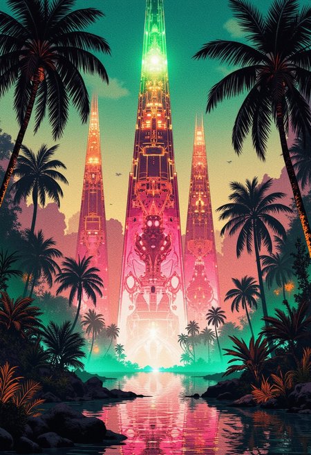 A digital anime artwork in the style of cklg, A digital painting in the style of ck-js, At the center of a verdant tropical oasis under a timeless, starless night, massive pyramids of futuristic nano-glass dominate the landscape. Their towering, crystalline forms glow with a fiery neon light—radiant pinks, electric greens, and molten oranges—that dance in ever-changing, cascading holographic patterns, like liquid fire flowing across the surfaces. The oasis is alive with reflections: pools of still water mirror the vibrant pyramids, distorting the colors into swirling, dreamlike ripples. Tropical plants and tall palms frame the glowing structures, their silhouettes accented by gentle halos of refracted light. The air is thick with mist, catching the neon fire and diffusing it into a surreal luminescence that illuminates the lush environment. A soft hum, like the pulsing of an unseen energy core, resonates throughout the scene, heightening the ethereal and futuristic atmosphere