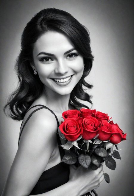 woman smiling, holding a bouque of roses, (Black and white image, Red Accent)