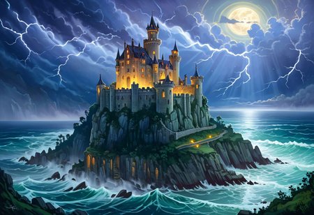 ethereal fantasy concept art of  An abandoned castle on a cliffside, overlooking a stormy sea, with crumbling walls, broken towers, and an eerie glow emanating from the windows. Enhanced details,extremely detailed,very realistic,photograph,DreamlikeIllustration,frazetta, . magnificent, celestial, ethereal, painterly, epic, majestic, magical, fantasy art, cover art, dreamy