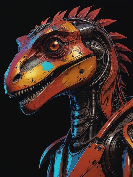 impactful color paint of The steampunk robot of velociraptor , illustration    <lora:Bold_Pop:0.6>  ...........  highly detailed, vibrant colors , 8k, sharp, professional, clear, high contrast, high saturated, , vivid deep blacks, crystal clear