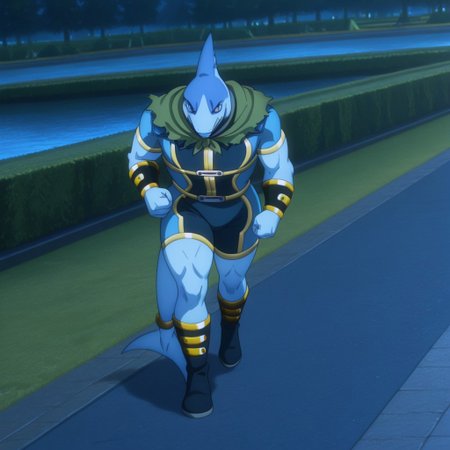 masterpiece, best quality, amazing quality, Arabaslfil, anthro, male, shark, blue skin, blue eyes,  gold trimmed blue bodysuit, gold armbands, gold trimmed dark blue bracers, gold trimmed dark blue boots, green capelet, gold tail ring, solo, park,  1boy, solo,