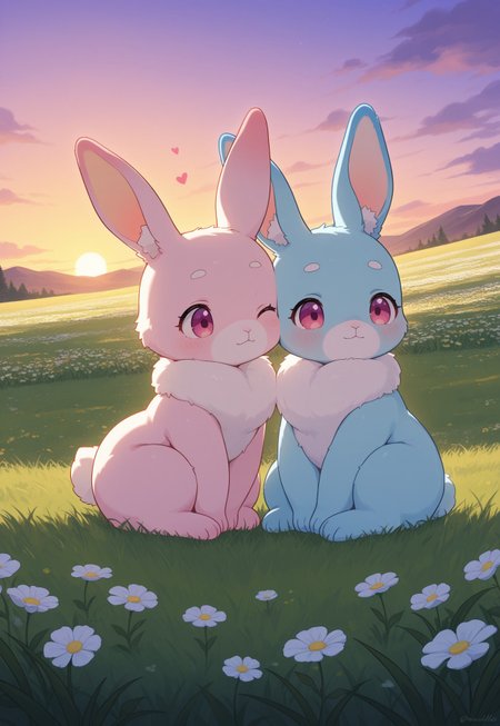 masterpiece, best quality, amazing quality, vibrant colors, soft focus, A heartwarming scene of affection between two fluffy  rabbits sitting together under a soft sunset light in a grassy meadow, one blue rabbit lovingly nuzzles the other pink rabbit, who leans in with a peaceful expression, their eyes meet with warmth, showing mutual care and tenderness, the soft colors of the sunset and the lush green grass create a serene atmosphere, while delicate flowers bloom around them, enhancing the sense of peaceful connection, in love, hearts, hugging each other