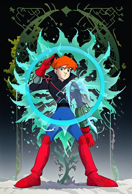 score_9, score_8_up, score_7_up, dynamic pose, full body shot, full body, source_anime, masterpiece, best quality, 1boy, Hero Costume, Black Jacket, Blue Pants, Red Gloves, Red Boots and Kneepads, one mechanical bracer, single bracer, bracer on left arm,  Transparent Shield. easynegative, ng_deepnegative_v1_75t, negative_hand, verybadimagenegative_v1.3, dark, chiaroscuro, low-key, pam-flwr, dark, chiaroscuro, low-key,  easynegative, Expressiveh, thick outline, white outline