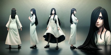 masterpiece, best quality,(sadako_yamamura),  <lora:Sadakobest:0.8>, <lora:stylized3DModelLora_v20:0.8>, girlonly, (((white dress))),