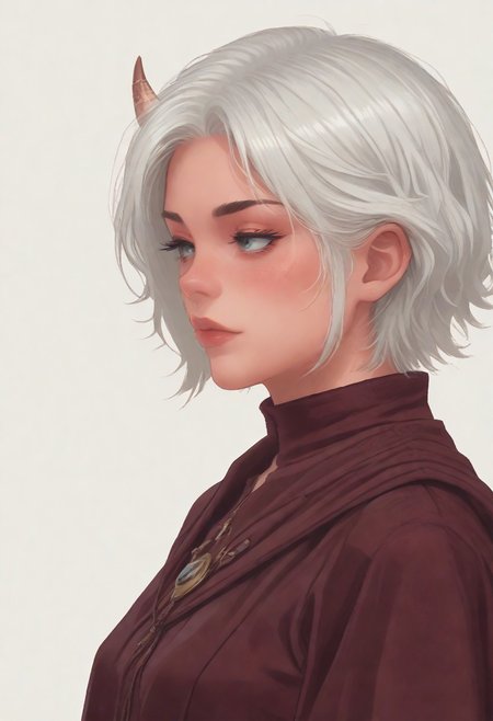 score_8_up, score_7_up, score_6_up, dnd <lora:dnd_flat:0.95> 1girl tiefling, portrait, short horns, RED skin <lora:Crude:0.6> (wizard clothes:1.2) , jewelry, short BOB hair, WHITE hair, close up, side view, RED HAIR
WHITE BACKGROUND